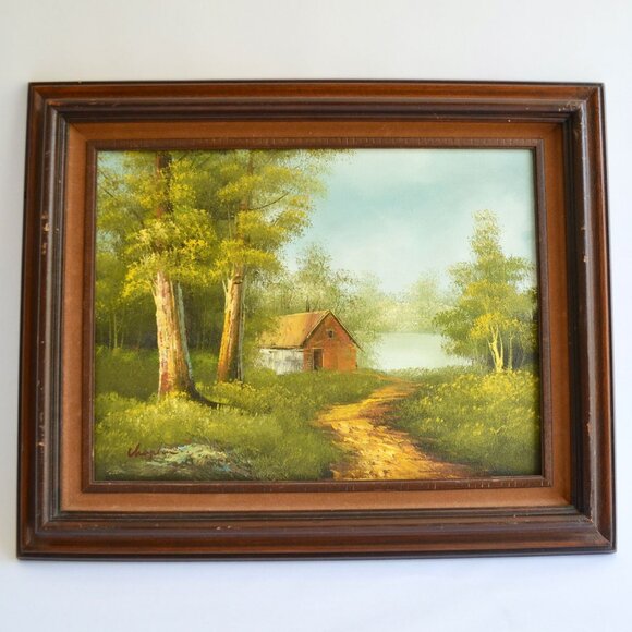 Vintage Handpainted Rustic Woodsy Cabin House Road Trail Lake Oil Painting Signe - Picture 1 of 8